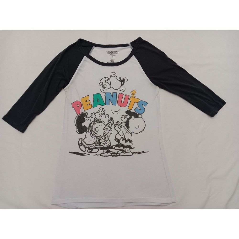 Peanuts Women's Raglan T Shirt Graphic Print Snoopy Charlie Brown Size S Small‎
